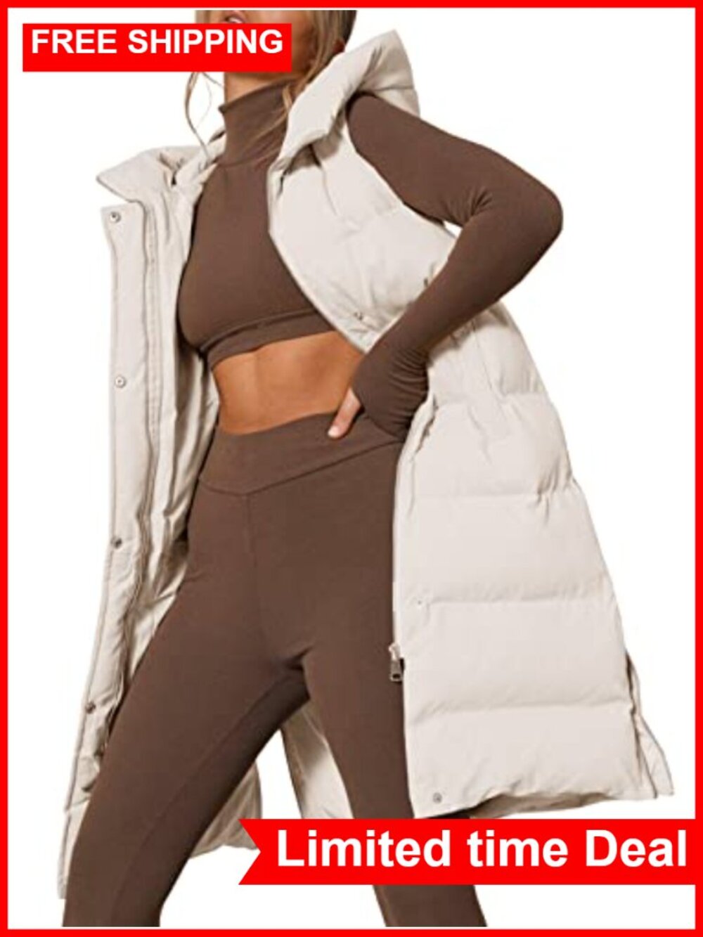 Womens Long Hooded Puffer Vest Sleeveless Stand Collar Down Vest